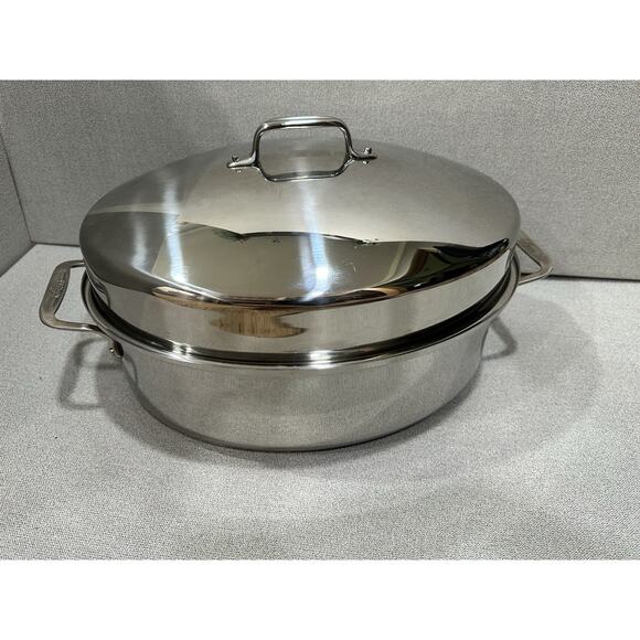 All Clad Stainless-Steel Oval 10 Qt Roaster Pan W/trivet & LID 18/10 Tri Ply - Picture 6 of 7
